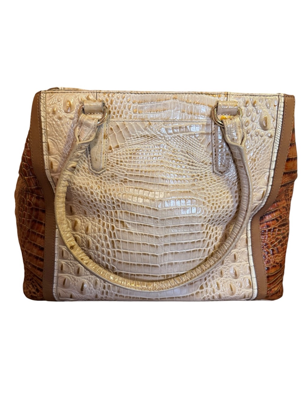 Brahmin Melbourne Croc Embossed Leather Colorblock Tote Bag Ivory Brown - Picture 2 of 7